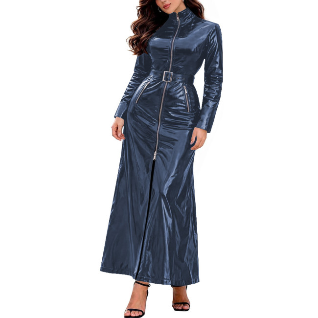 Long Sleeve Front Zip Long Trench Dress with Belt Womens Vinyl PVC Leather High Neck Dresses Chic Club Outfit Party Evening Gown