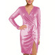 Nightclub Shiny Midi Dress for Women Long Sleeve Deep V-Neck Bodycon Dress with Ruffle Trim Sexy Side Slit Metallic Party Gown
