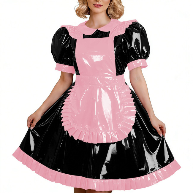 Elegant Glossy PVC Leather French Maid Dress Outfits Puff Short Sleeve Ruffles Midi Dress with Apron Halloween Cosplay Uniforms