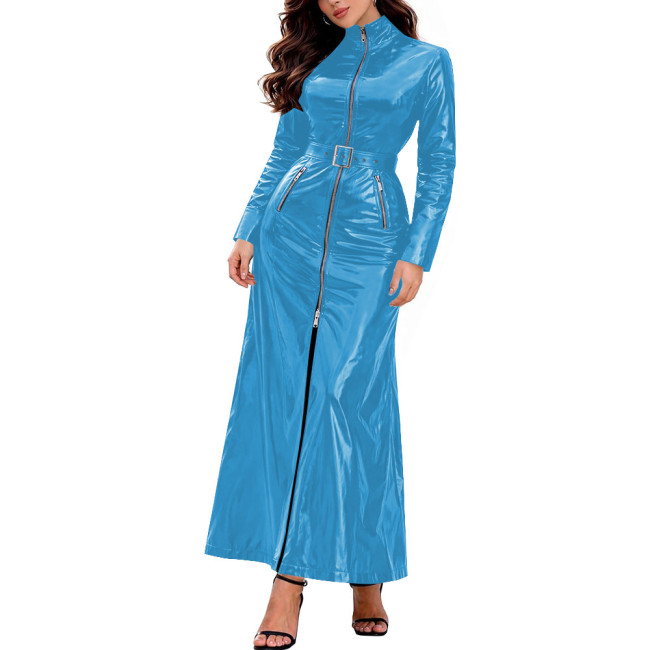 Long Sleeve Front Zip Long Trench Dress with Belt Womens Vinyl PVC Leather High Neck Dresses Chic Club Outfit Party Evening Gown