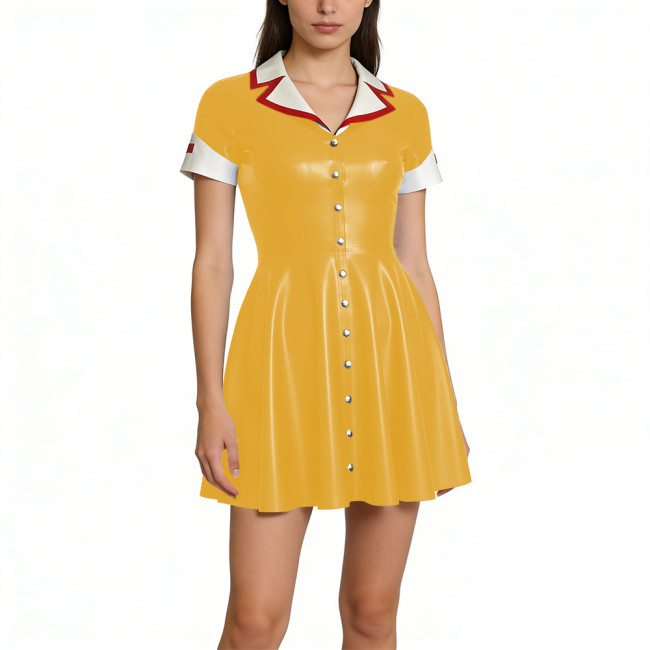 Gothic Themed Party Mini Nurse Dress Glossy PVC Leather Short Sleeve A-line Dress with Contrast Collar Halloween Party Outfits