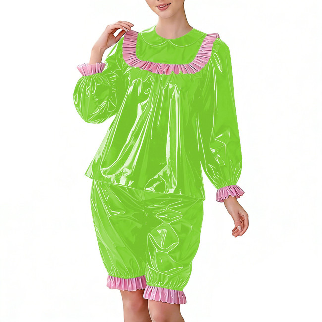 Sweet Glossy PVC Two Piece Set for Women Puff Long Sleeve Ruffle Collar Blouse and Bloomers Pant Lockable Wet Look Lolita Outfit