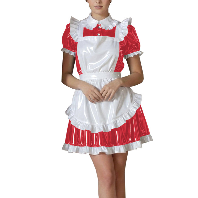 Shiny Maid PVC Leather Halloween Dress with Cute Ruffle Apron Fetish Mini Dress Vinyl French Maid Cosplay A-Line Cocktail Lolita