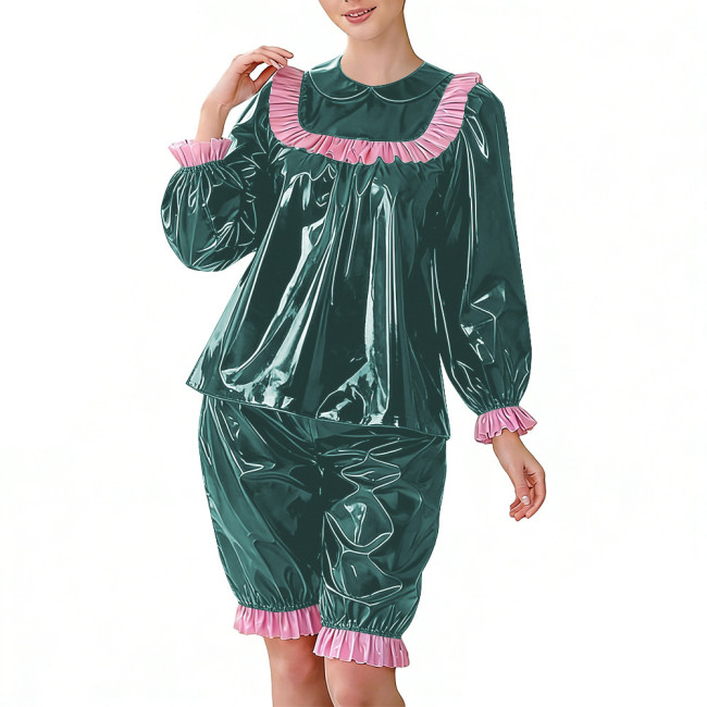 Sweet Glossy PVC Two Piece Set for Women Puff Long Sleeve Ruffle Collar Blouse and Bloomers Pant Lockable Wet Look Lolita Outfit
