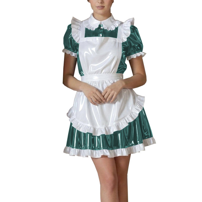 Shiny Maid PVC Leather Halloween Dress with Cute Ruffle Apron Fetish Mini Dress Vinyl French Maid Cosplay A-Line Cocktail Lolita