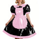 Elegant Glossy PVC Leather French Maid Dress Outfits Puff Short Sleeve Ruffles Midi Dress with Apron Halloween Cosplay Uniforms