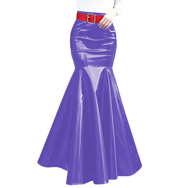 Womens Shiny PVC Mermaid Maxi Skirt Fashion High Waist Bodycon Flared Hem Skirt Wet Look Sheath Long Ruffles Skirts Clubwear
