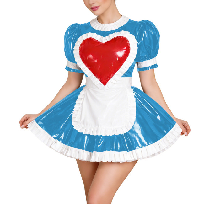 Sissy Sweet Maid Cosplay Costume Puff Sleeve Red Heart Mini Dress with Apron Wet Look Maid Dress Outfit Halloween Party Uniforms