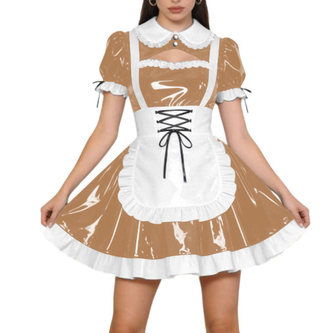 Halloween Party PVC Shiny Maid Costume Dress Sissy Preppy Style Puff Sleeve Mini Dress with Lace-Up Apron Lolita Cosplay Outfit