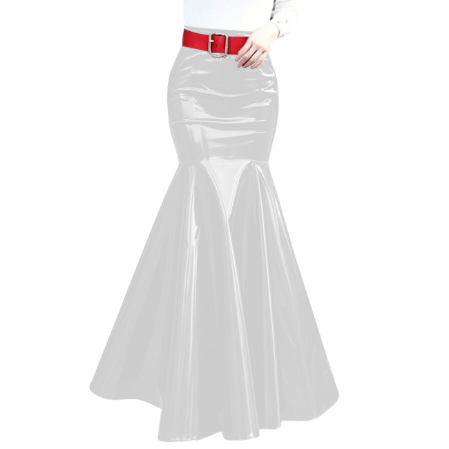 Womens Shiny PVC Mermaid Maxi Skirt Fashion High Waist Bodycon Flared Hem Skirt Wet Look Sheath Long Ruffles Skirts Clubwear