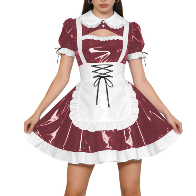 Halloween Party PVC Shiny Maid Costume Dress Sissy Preppy Style Puff Sleeve Mini Dress with Lace-Up Apron Lolita Cosplay Outfit
