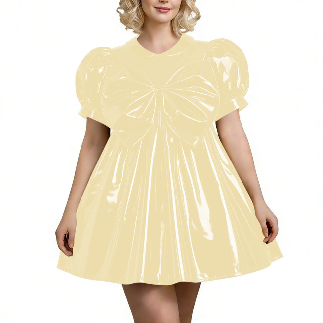 Sweet PVC Shiny Mini Babydoll Dress Sissy Puff Sleeve Peter Pan Collar Dress with Oversized Bow Wet Look Lolita Party Outfit 7XL