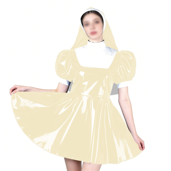 Elegant Cosplay Glossy Nun Dress Outfits High Neck Puff Sleeve A-line Dress with Headpiece Shiny PVC Leather Theme Party Uniform