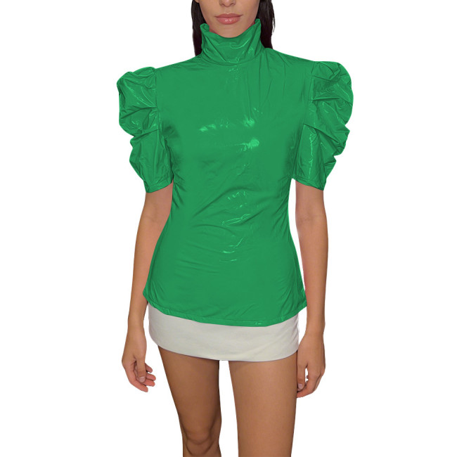 Chic PVC Shiny Turtleneck Slim Top Puff Short Sleeve Glossy Womens Blouse Ladies Solid Color PVC T-Shirt Party Club Streetwear