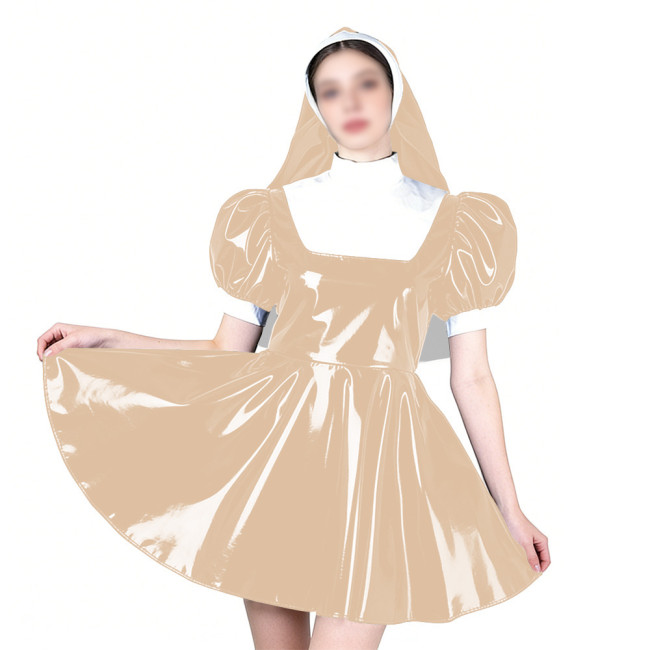 Elegant Cosplay Glossy Nun Dress Outfits High Neck Puff Sleeve A-line Dress with Headpiece Shiny PVC Leather Theme Party Uniform