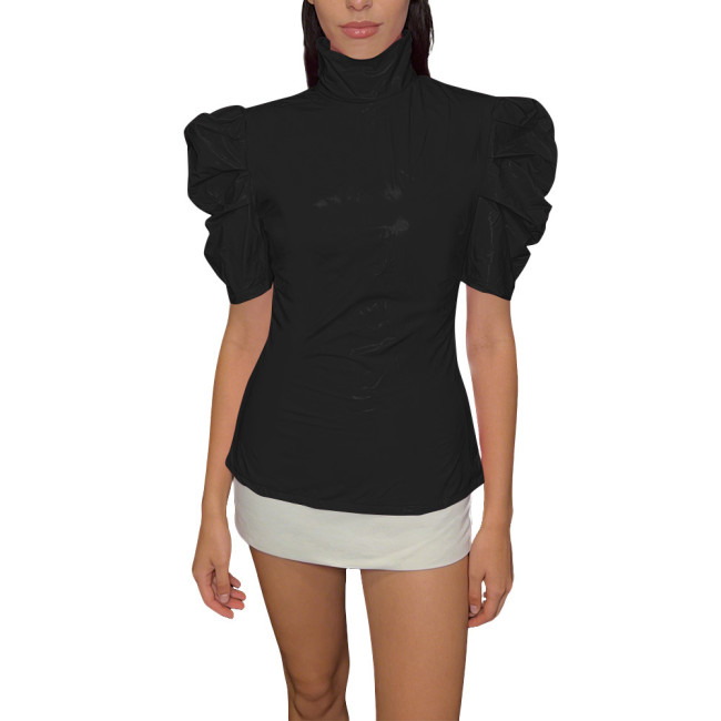 Chic PVC Shiny Turtleneck Slim Top Puff Short Sleeve Glossy Womens Blouse Ladies Solid Color PVC T-Shirt Party Club Streetwear