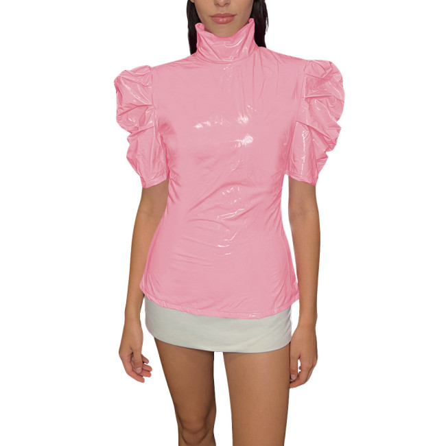 Chic PVC Shiny Turtleneck Slim Top Puff Short Sleeve Glossy Womens Blouse Ladies Solid Color PVC T-Shirt Party Club Streetwear