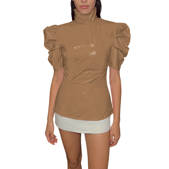 Chic PVC Shiny Turtleneck Slim Top Puff Short Sleeve Glossy Womens Blouse Ladies Solid Color PVC T-Shirt Party Club Streetwear