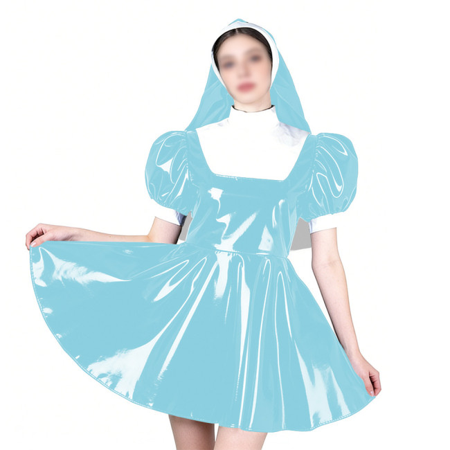 Elegant Cosplay Glossy Nun Dress Outfits High Neck Puff Sleeve A-line Dress with Headpiece Shiny PVC Leather Theme Party Uniform