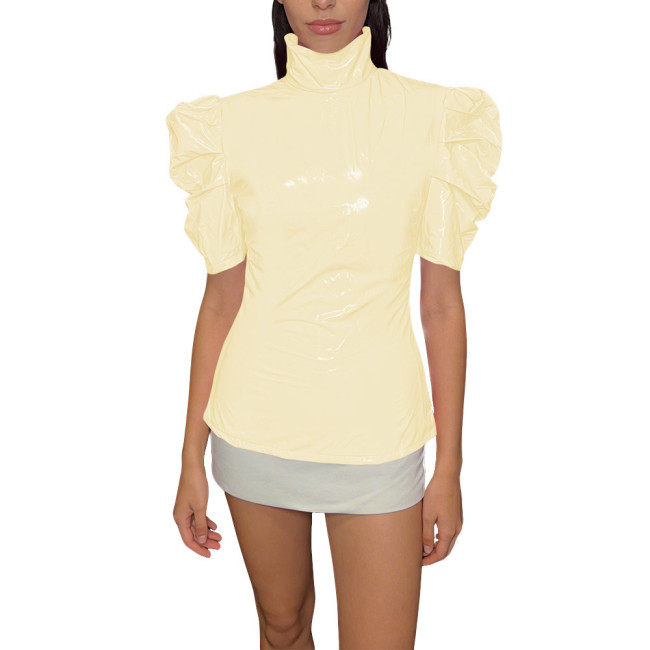 Chic PVC Shiny Turtleneck Slim Top Puff Short Sleeve Glossy Womens Blouse Ladies Solid Color PVC T-Shirt Party Club Streetwear