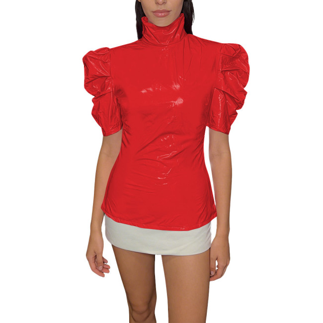 Chic PVC Shiny Turtleneck Slim Top Puff Short Sleeve Glossy Womens Blouse Ladies Solid Color PVC T-Shirt Party Club Streetwear