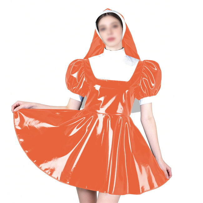 Elegant Cosplay Glossy Nun Dress Outfits High Neck Puff Sleeve A-line Dress with Headpiece Shiny PVC Leather Theme Party Uniform