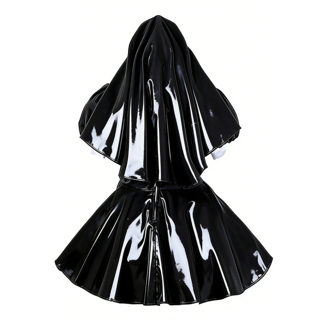 Elegant Cosplay Glossy Nun Dress Outfits High Neck Puff Sleeve A-line Dress with Headpiece Shiny PVC Leather Theme Party Uniform