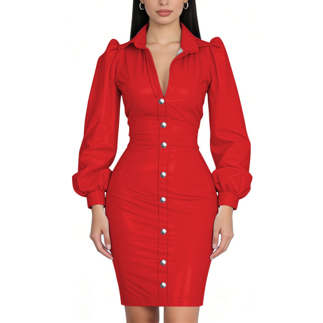 Glossy PVC Bodycon Office Shirt Dress Puff Sleeve Midi Dress Shiny Wetlook Turn-Down Collar Button Down Party Cocktail Dress