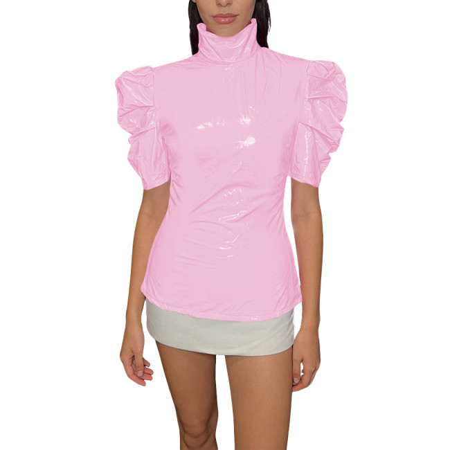 Chic PVC Shiny Turtleneck Slim Top Puff Short Sleeve Glossy Womens Blouse Ladies Solid Color PVC T-Shirt Party Club Streetwear