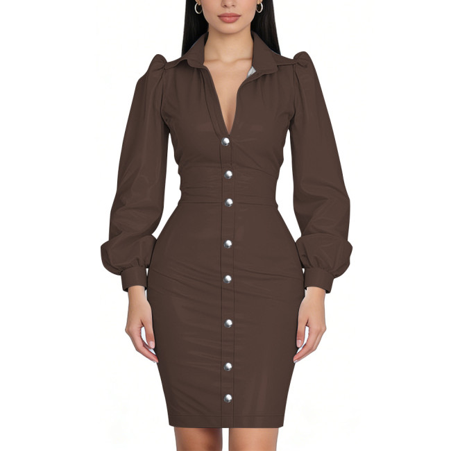 Glossy PVC Bodycon Office Shirt Dress Puff Sleeve Midi Dress Shiny Wetlook Turn-Down Collar Button Down Party Cocktail Dress