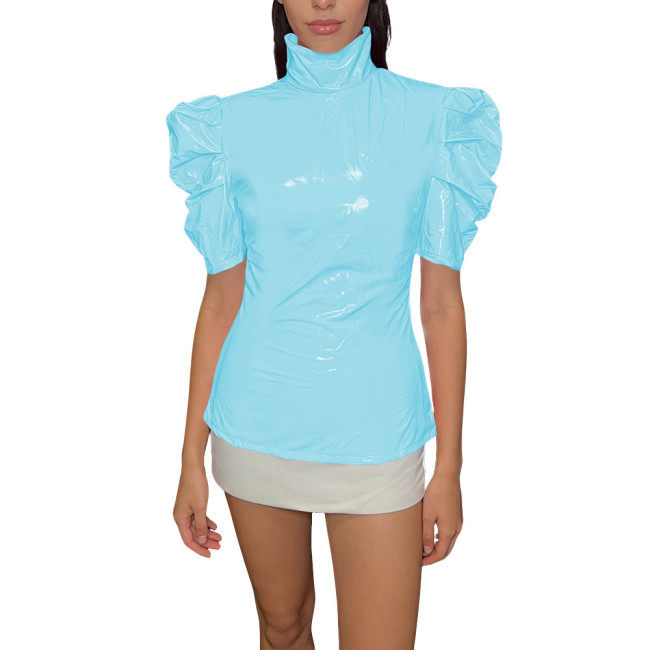 Chic PVC Shiny Turtleneck Slim Top Puff Short Sleeve Glossy Womens Blouse Ladies Solid Color PVC T-Shirt Party Club Streetwear