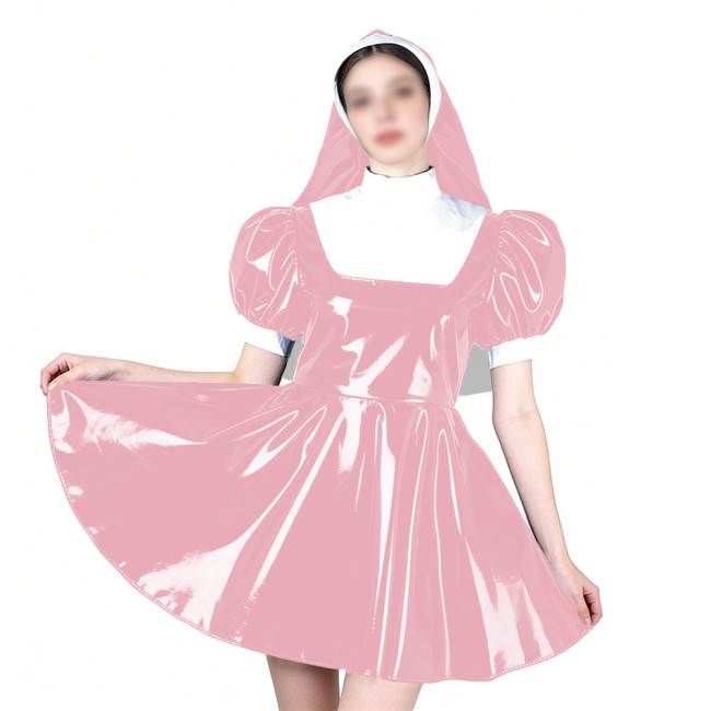 Elegant Cosplay Glossy Nun Dress Outfits High Neck Puff Sleeve A-line Dress with Headpiece Shiny PVC Leather Theme Party Uniform