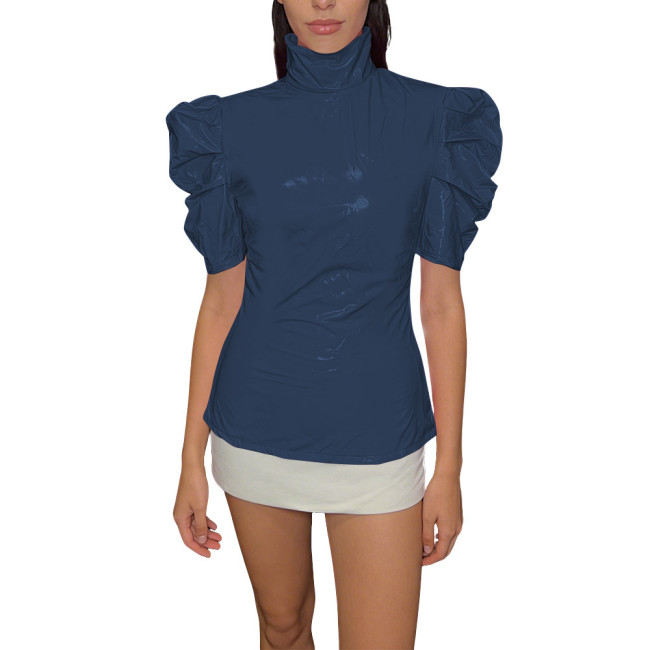 Chic PVC Shiny Turtleneck Slim Top Puff Short Sleeve Glossy Womens Blouse Ladies Solid Color PVC T-Shirt Party Club Streetwear