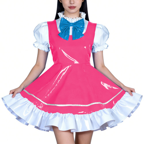 Sexy PVC Dress Shiny Wetlook Leather Maid Dress Puff Sleeve Mini Dress Bowtie Cosplay Costume Fetish Halloween Party Clubwear