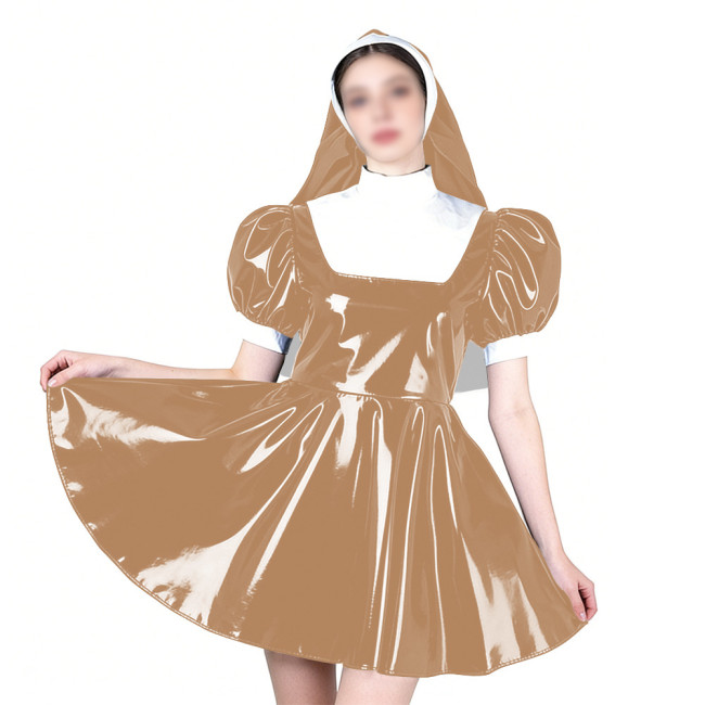 Elegant Cosplay Glossy Nun Dress Outfits High Neck Puff Sleeve A-line Dress with Headpiece Shiny PVC Leather Theme Party Uniform
