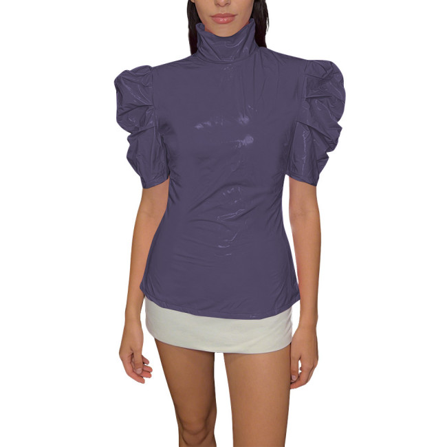 Chic PVC Shiny Turtleneck Slim Top Puff Short Sleeve Glossy Womens Blouse Ladies Solid Color PVC T-Shirt Party Club Streetwear