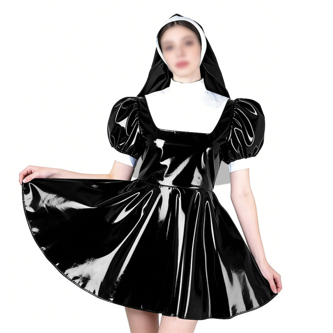 Elegant Cosplay Glossy Nun Dress Outfits High Neck Puff Sleeve A-line Dress with Headpiece Shiny PVC Leather Theme Party Uniform