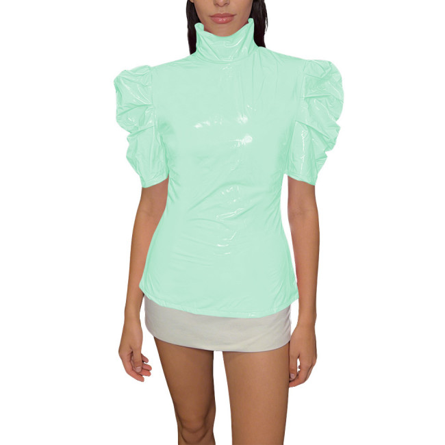 Chic PVC Shiny Turtleneck Slim Top Puff Short Sleeve Glossy Womens Blouse Ladies Solid Color PVC T-Shirt Party Club Streetwear