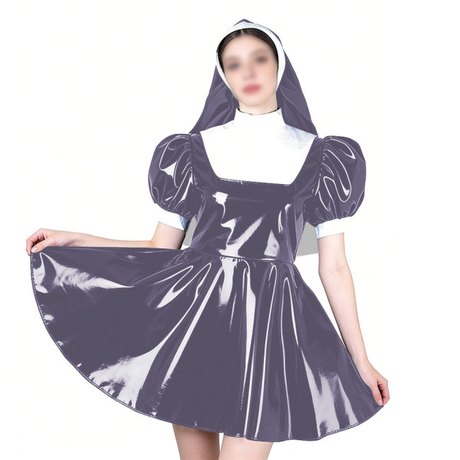 Elegant Cosplay Glossy Nun Dress Outfits High Neck Puff Sleeve A-line Dress with Headpiece Shiny PVC Leather Theme Party Uniform