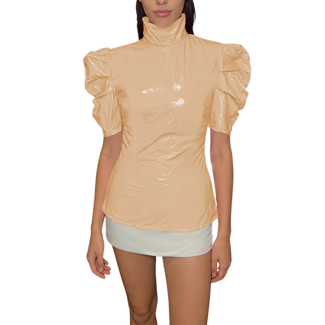 Chic PVC Shiny Turtleneck Slim Top Puff Short Sleeve Glossy Womens Blouse Ladies Solid Color PVC T-Shirt Party Club Streetwear