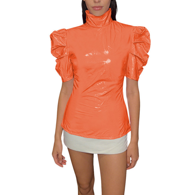 Chic PVC Shiny Turtleneck Slim Top Puff Short Sleeve Glossy Womens Blouse Ladies Solid Color PVC T-Shirt Party Club Streetwear