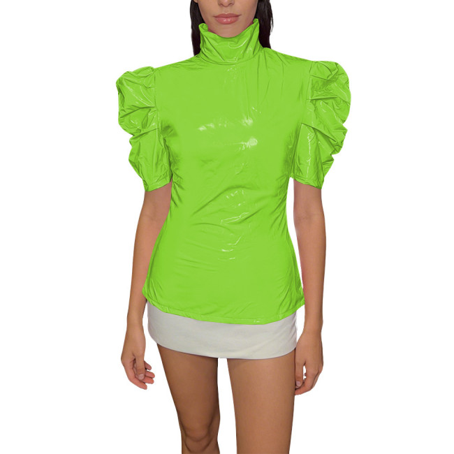Chic PVC Shiny Turtleneck Slim Top Puff Short Sleeve Glossy Womens Blouse Ladies Solid Color PVC T-Shirt Party Club Streetwear