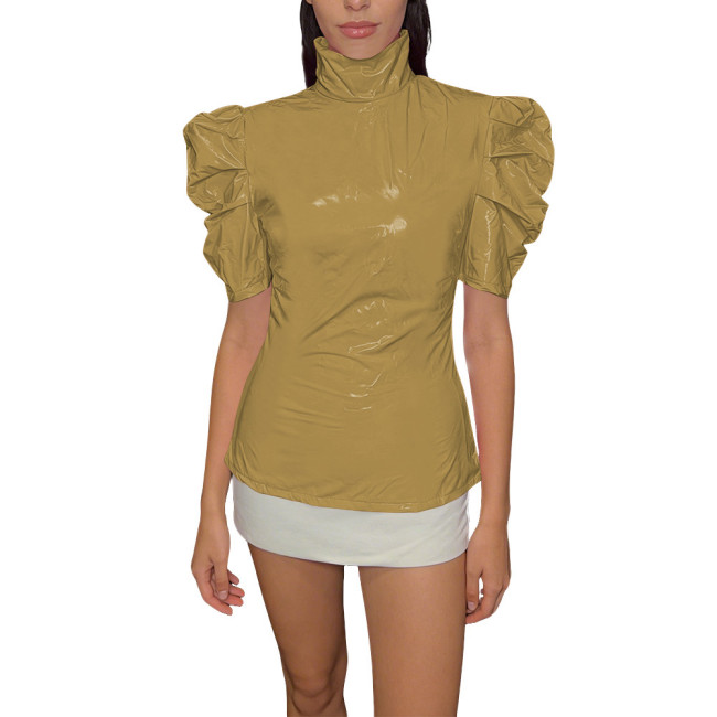 Chic PVC Shiny Turtleneck Slim Top Puff Short Sleeve Glossy Womens Blouse Ladies Solid Color PVC T-Shirt Party Club Streetwear