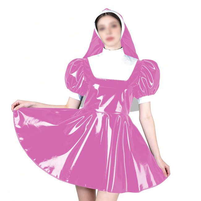 Elegant Cosplay Glossy Nun Dress Outfits High Neck Puff Sleeve A-line Dress with Headpiece Shiny PVC Leather Theme Party Uniform