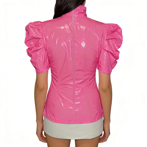 Chic PVC Shiny Turtleneck Slim Top Puff Short Sleeve Glossy Womens Blouse Ladies Solid Color PVC T-Shirt Party Club Streetwear