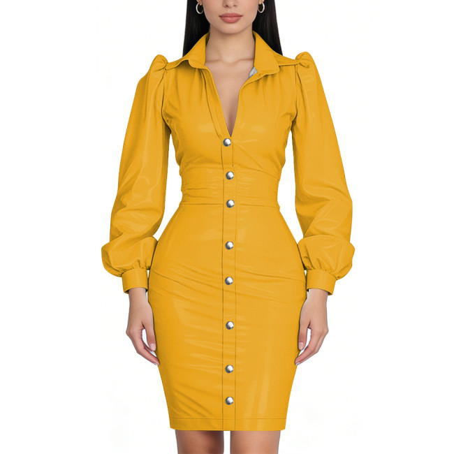 Glossy PVC Bodycon Office Shirt Dress Puff Sleeve Midi Dress Shiny Wetlook Turn-Down Collar Button Down Party Cocktail Dress