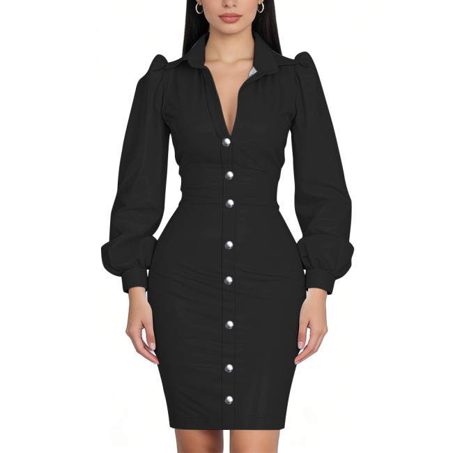 Glossy PVC Bodycon Office Shirt Dress Puff Sleeve Midi Dress Shiny Wetlook Turn-Down Collar Button Down Party Cocktail Dress