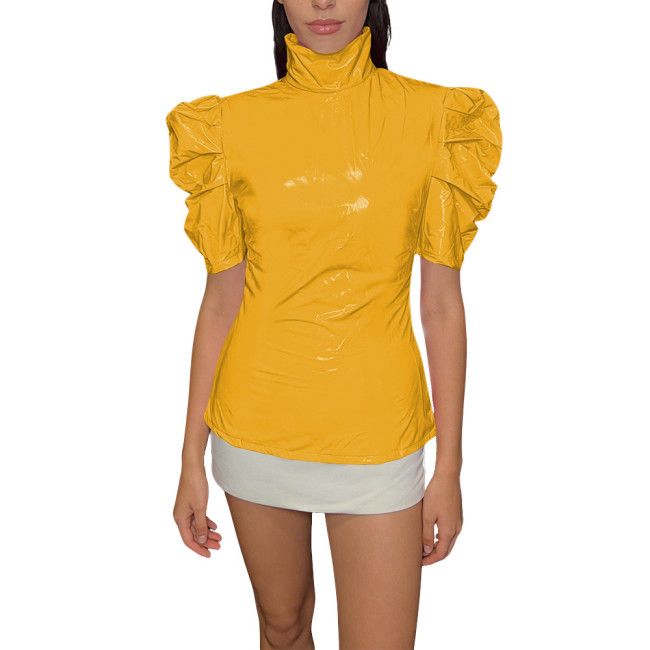 Chic PVC Shiny Turtleneck Slim Top Puff Short Sleeve Glossy Womens Blouse Ladies Solid Color PVC T-Shirt Party Club Streetwear