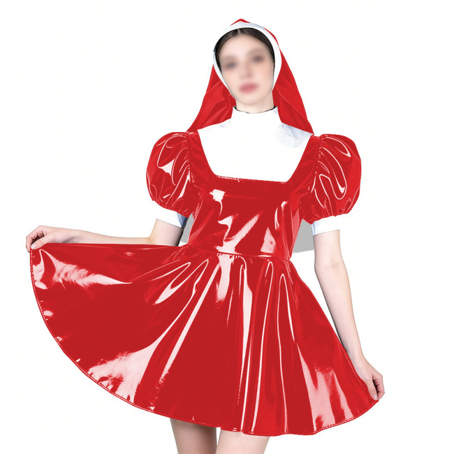 Elegant Cosplay Glossy Nun Dress Outfits High Neck Puff Sleeve A-line Dress with Headpiece Shiny PVC Leather Theme Party Uniform