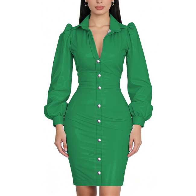Glossy PVC Bodycon Office Shirt Dress Puff Sleeve Midi Dress Shiny Wetlook Turn-Down Collar Button Down Party Cocktail Dress